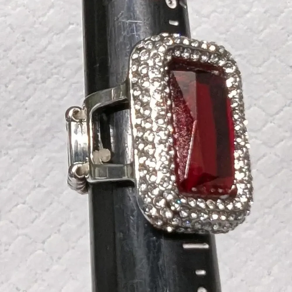 Statement Ring SilverTone‎ Red Clear Rhinestones Stretch Plus Size Square New
